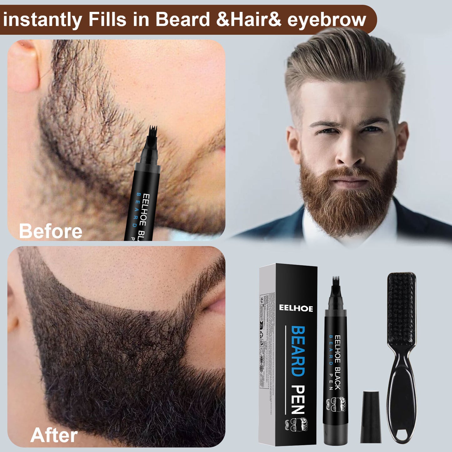GDBadais Beard Refill Pen Kit Men's Beard Natural Waterproof Beard Pen Beard Tracing Pen